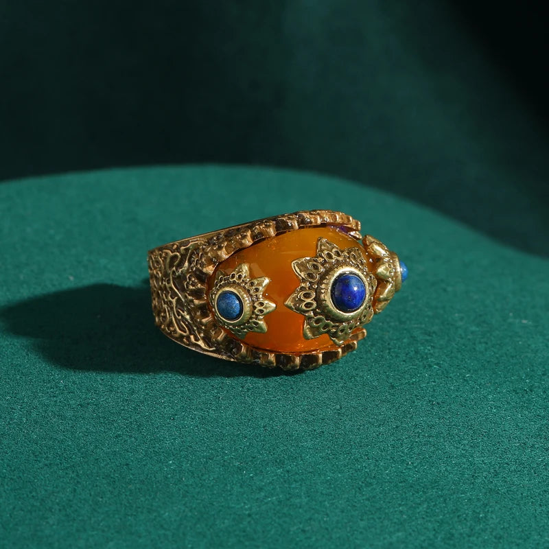 Designer Series - Vintage Mystic Art Orange Onyx Ring | 18K Gold Plated