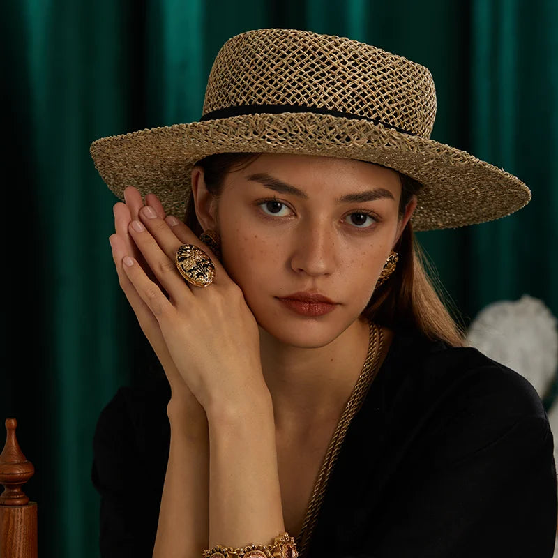 Fleur d'Or – Anillo Art Déco Vintage de Cobre Puro, Baño de Oro de 18 quilates