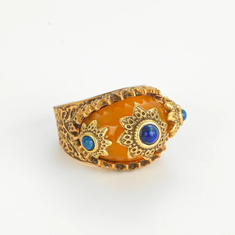 Designer Series - Vintage Mystic Art Orange Onyx Ring | 18K Gold Plated
