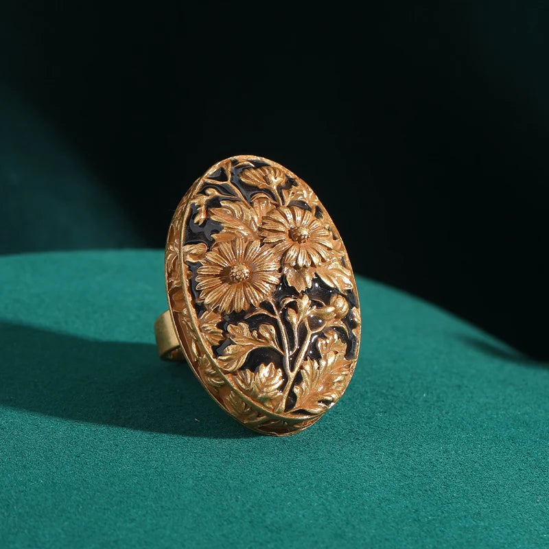 Fleur d'Or – Anillo Art Déco Vintage de Cobre Puro, Baño de Oro de 18 quilates