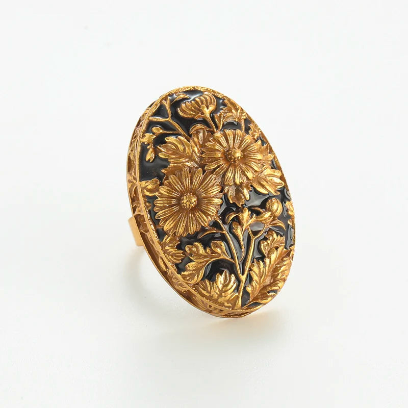 Fleur d'Or – Anillo Art Déco Vintage de Cobre Puro, Baño de Oro de 18 quilates