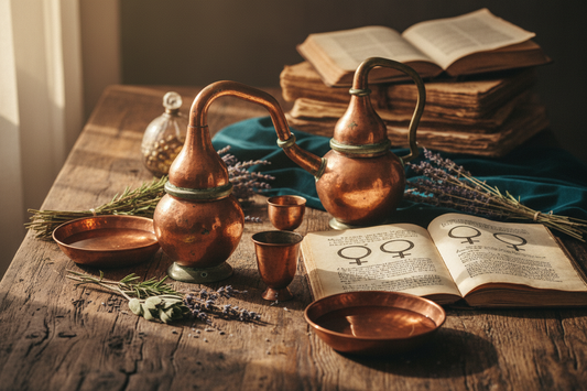 Ancient alchemical copper vessels and manuscripts with Venus symbol - Classical alchemy tradition - Gaia Waves