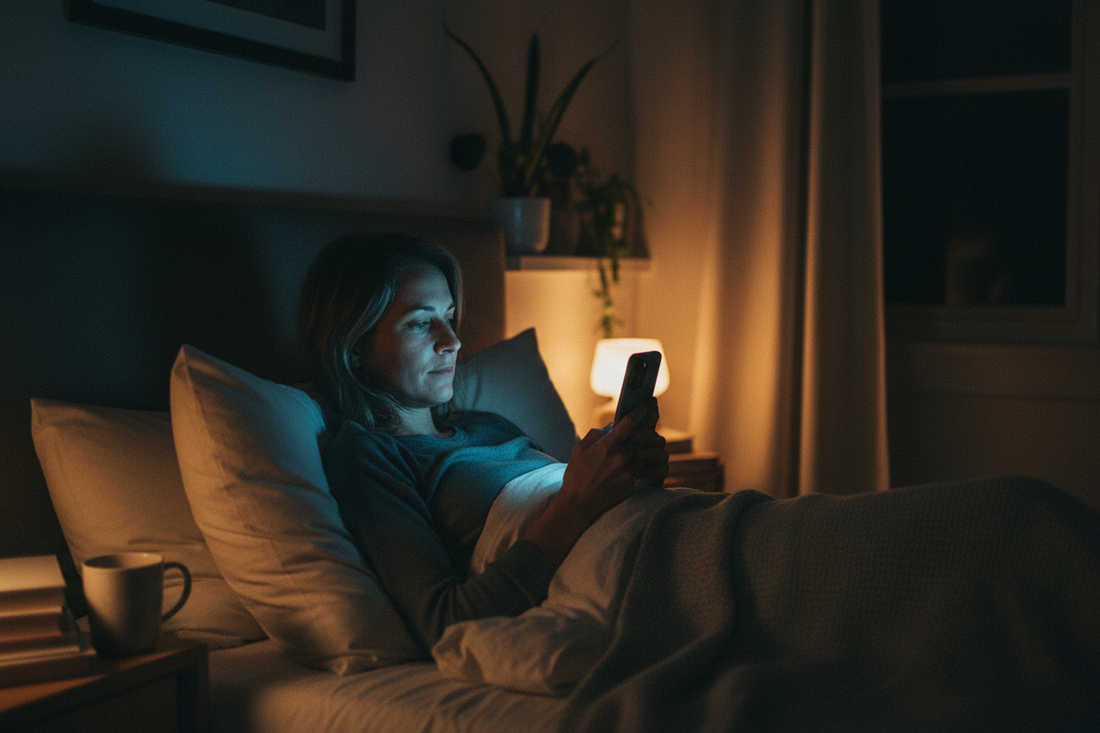 Artificial light at night - Person using smartphone in dark bedroom affecting pineal gland - Gaia Waves