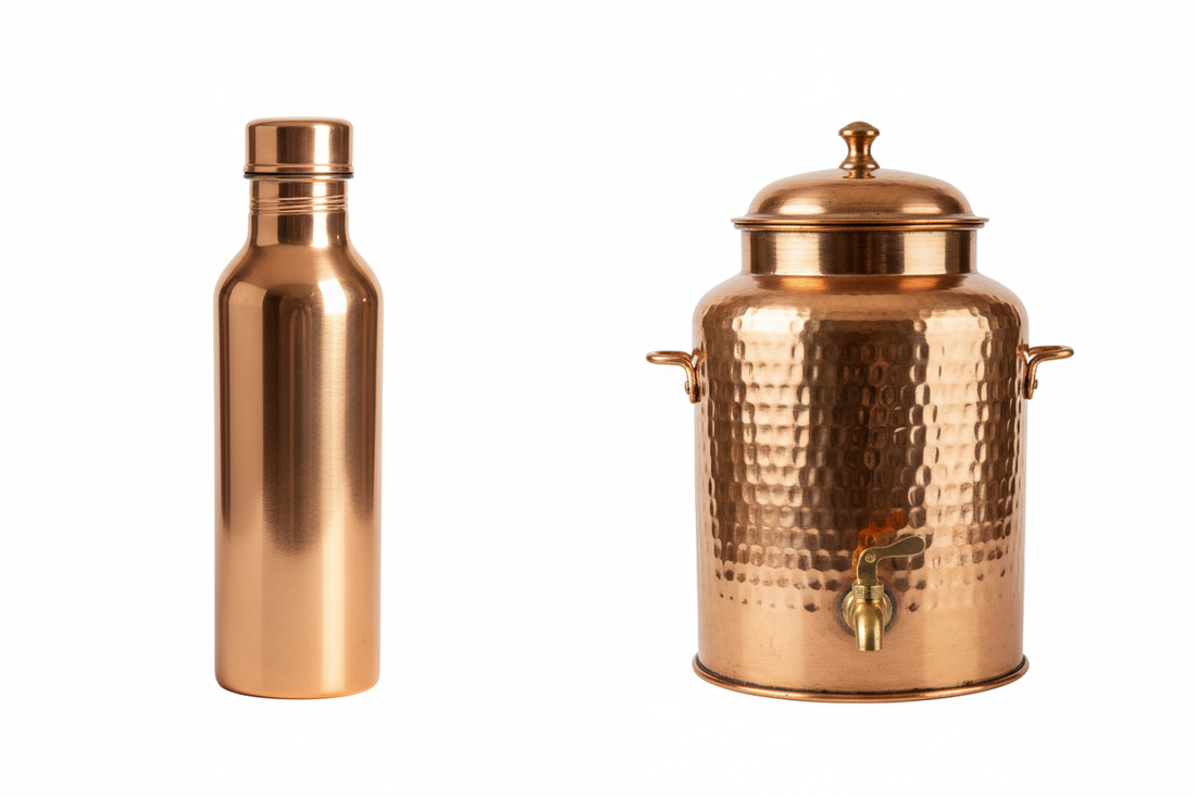 Copper bottle vs copper dispenser comparison - Pure copper bottle and 5L copper dispenser side by side - Gaia Waves