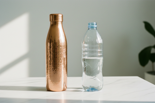 Copper bottle vs plastic bottle comparison - Pure copper water bottle beside plastic bottle - Gaia Waves