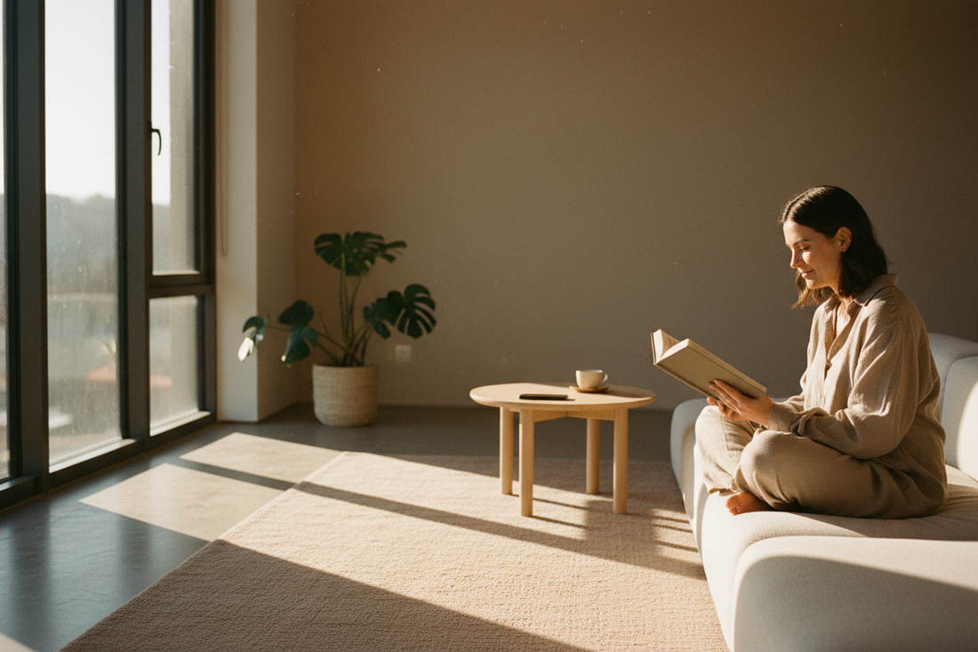 Digital detox and mindful living - Person reading peacefully with smartphone placed away - Gaia Waves