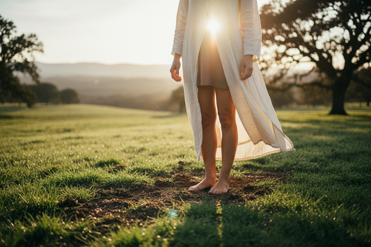 Grounding and earthing - Person standing barefoot on natural earth restoring electrical rhythm and pineal function - Gaia Waves