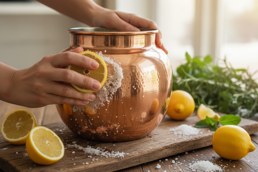 How to clean copper vessels naturally - Hands cleaning copper vessel with lemon and salt - Gaia Waves