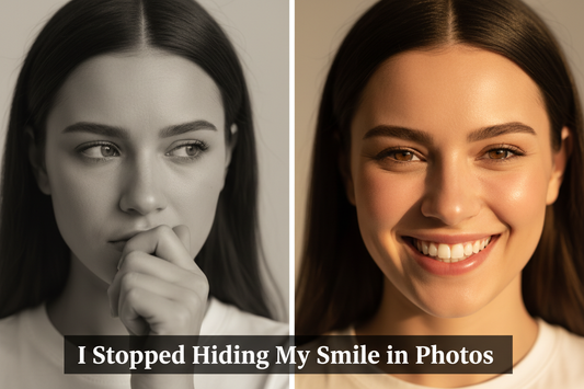 SmileAura™ advertorial thumbnail — before and after smile confidence. Person hiding smile versus smiling openly. "I Stopped Hiding My Smile in Photos." Gaia Waves editorial.