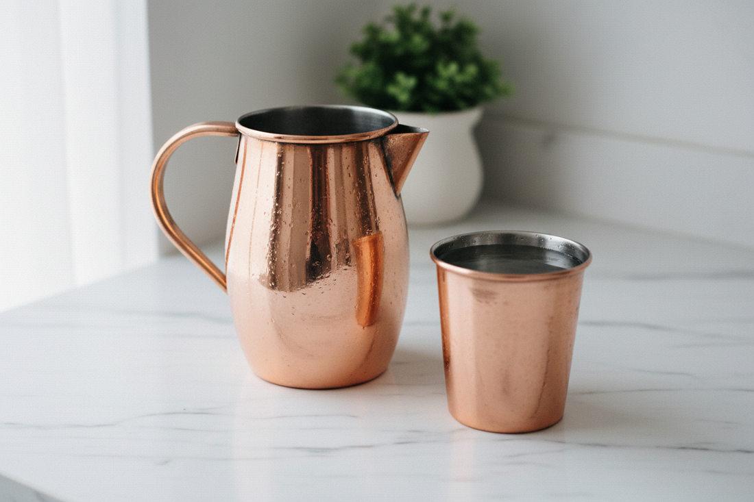 Is copper water safe - Pure copper vessel and glass of water on marble surface - Gaia Waves