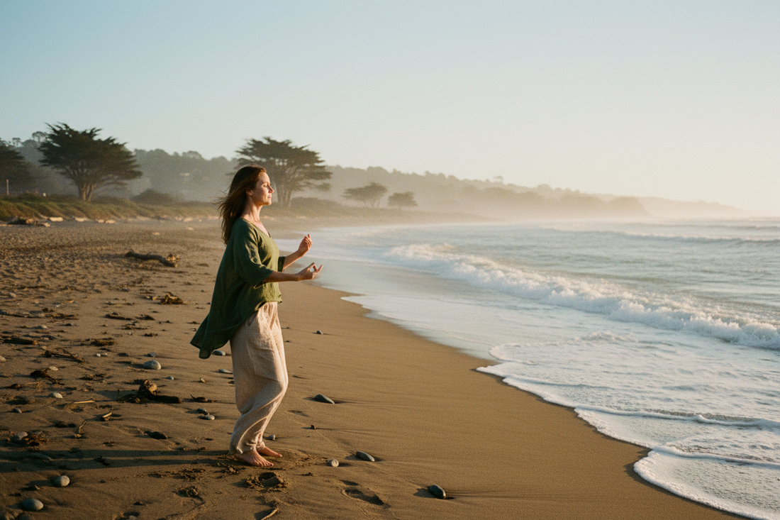 Person practicing mindful presence in natural environment - Embodied wellness and grounding - Gaia Waves