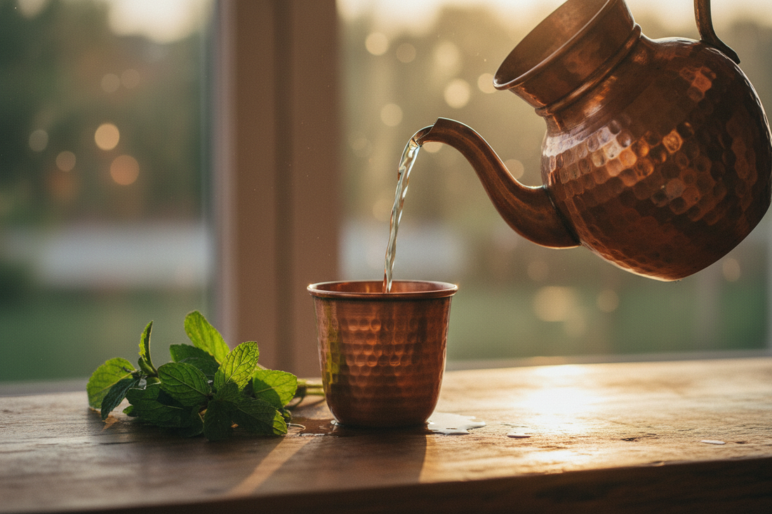 Tamra Jal Ayurvedic copper water ritual - Pure copper vessel pouring water at golden hour - Gaia Waves
