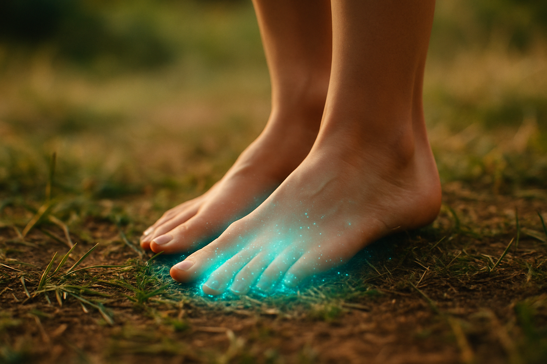 Natural grounding therapy - bare feet on earth with healing energy