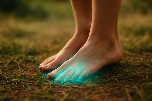 Natural grounding therapy - bare feet on earth with healing energy