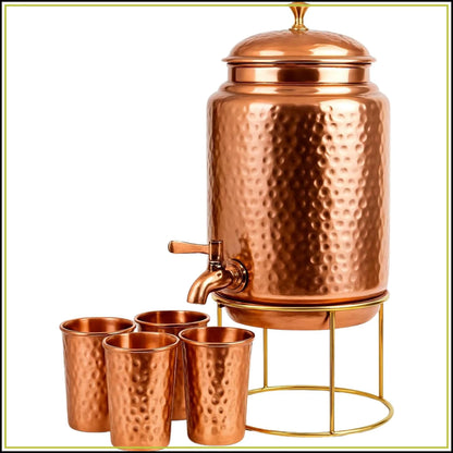 Pure Copper Water Dispenser with Copper Tap, 6.5 L / Approx. 220 US fl oz, Set of 4 Hammered Mugs