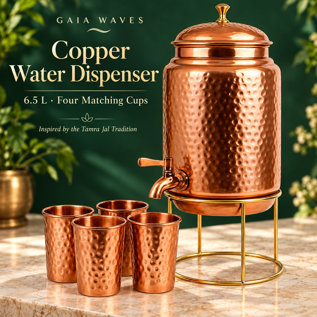 Pure Copper Water Dispenser with Copper Tap, 6.5 L / Approx. 220 US fl oz, Set of 4 Hammered Mugs