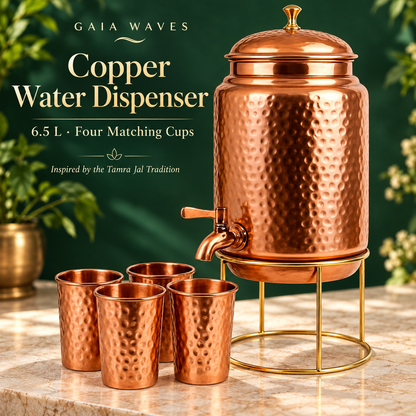 Pure Copper Water Dispenser with Copper Tap, 6.5 L / Approx. 220 US fl oz, Set of 4 Hammered Mugs