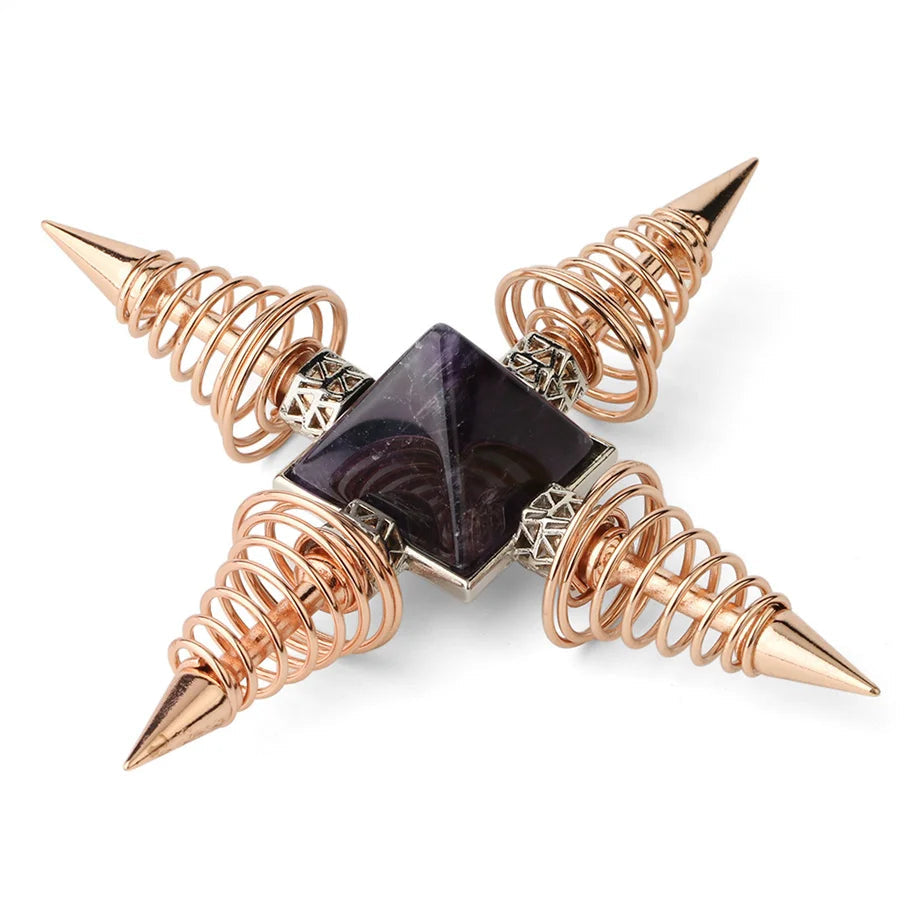 Crystal Pyramid Energy Generator - Natural Stone Healing Meditation Decor with Copper Spiral