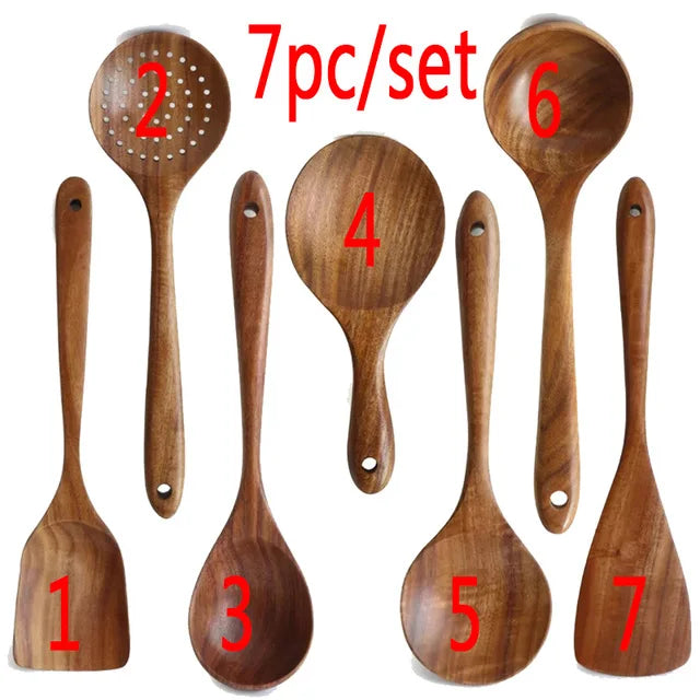 TeakCraft™ - Handcrafted Teak Wood Kitchen Utensil Set | Eco-Friendly Cooking Tools (5-7 Pieces)