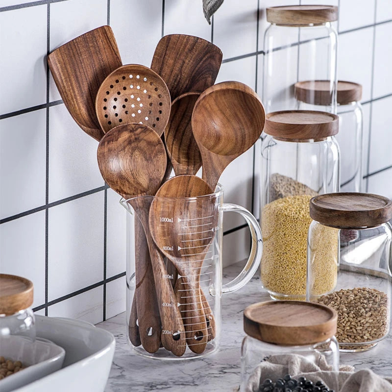 TeakCraft™ - Handcrafted Teak Wood Kitchen Utensil Set | Eco-Friendly Cooking Tools (5-7 Pieces)