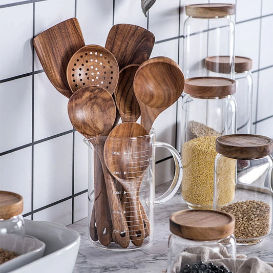 TeakCraft™ - Handcrafted Teak Wood Kitchen Utensil Set | Eco-Friendly Cooking Tools (5-7 Pieces)