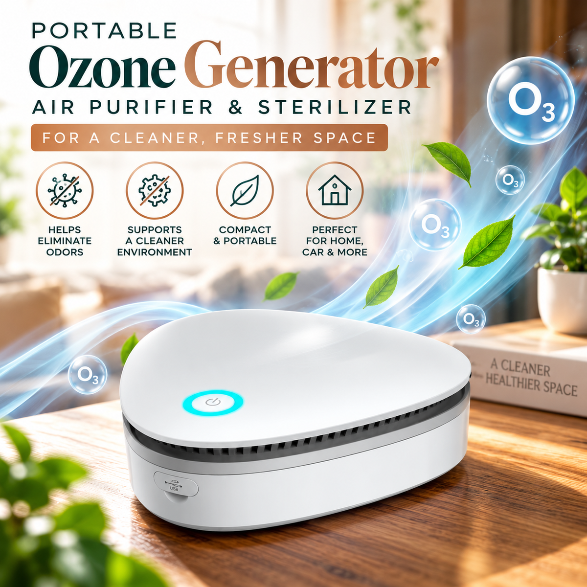 Portable Ozone Generator - Air Purifier & Sterilizer for Home, Car & Fridge