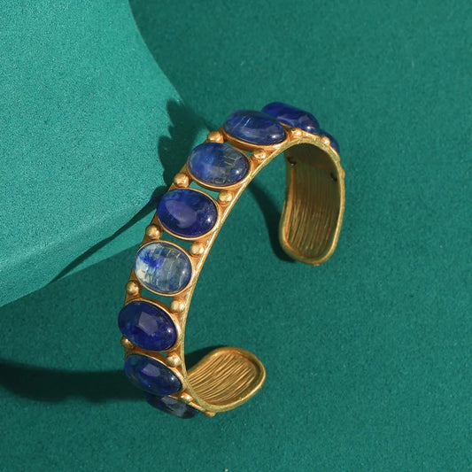 Vintage Jewelry Open Blue Opal Bracelet Bangles With Designer Charms Gold Color Luxury Accessories Antique Valentine Day Gift