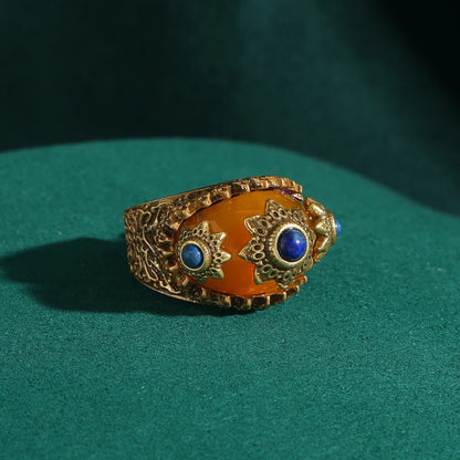 Designer Series - Vintage Mystic Art Orange Onyx Ring | 18K Gold Plated