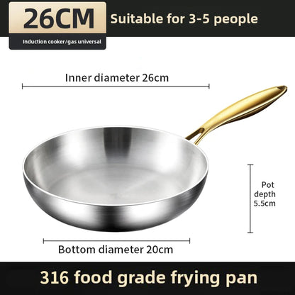 Premium 316 Stainless Steel Frying Pan - 7-Ply Professional Chef's Wok with Golden Handle