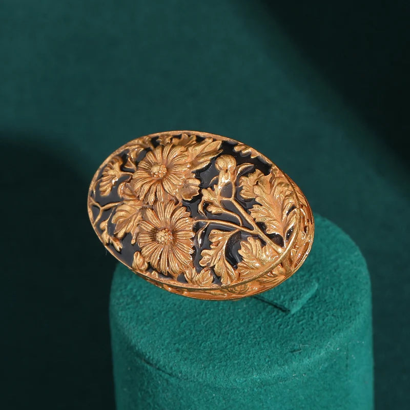 Fleur d'Or – Anillo Art Déco Vintage de Cobre Puro, Baño de Oro de 18 quilates 