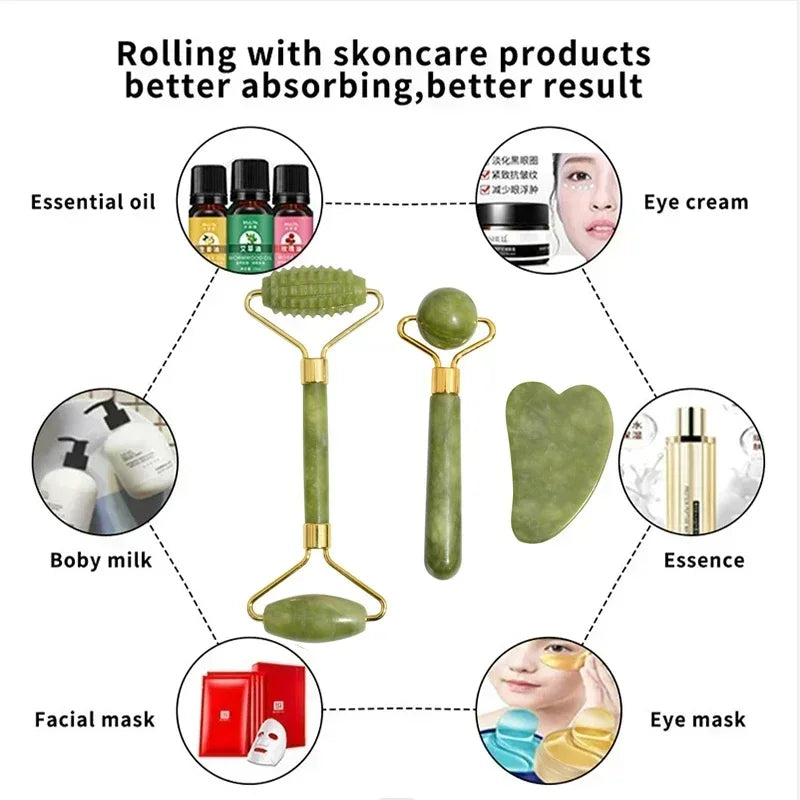 Natural Jade Roller & Gua Sha Set - Facial Massage Tool for Balance & Inner Harmony