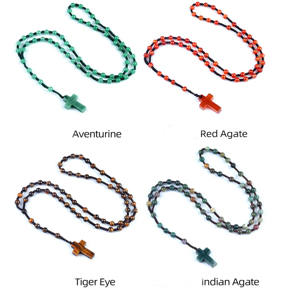 Healing Crystal Cross Pendant - Natural Gemstone Reiki Chakra Necklace for Spiritual Protection