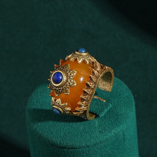 Designer Series - Vintage Mystic Art Orange Onyx Ring | 18K Gold Plated