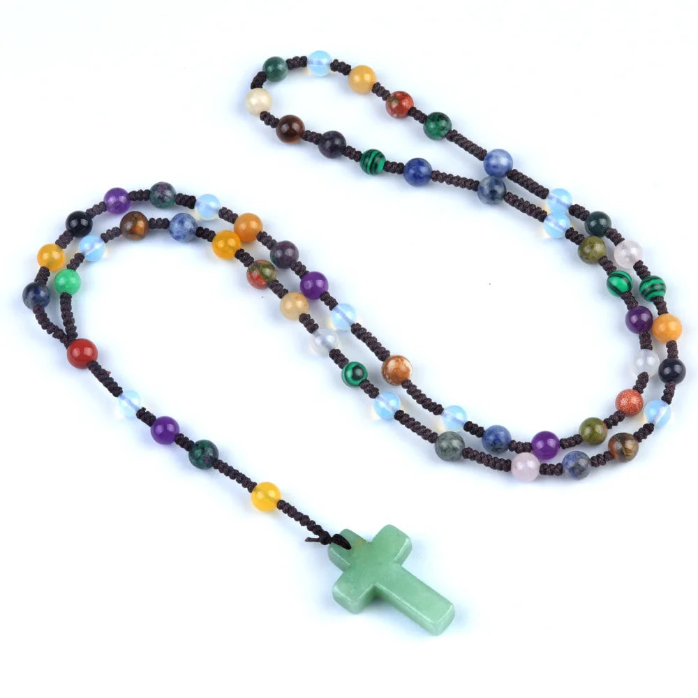 Healing Crystal Cross Pendant - Natural Gemstone Reiki Chakra Necklace for Spiritual Protection