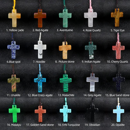 Healing Crystal Cross Pendant - Natural Gemstone Reiki Chakra Necklace for Spiritual Protection