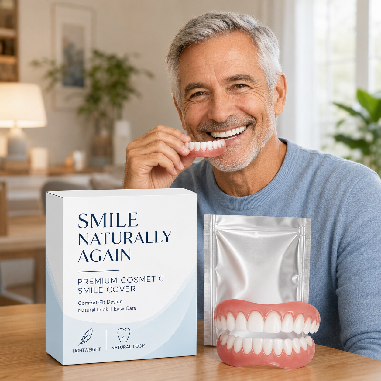 SmileAura™ cosmetic snap-on smile cover — man fitting removable cosmetic teeth at home. Natural look, comfort-fit design, easy care. Gaia Waves Confidence Collection.
