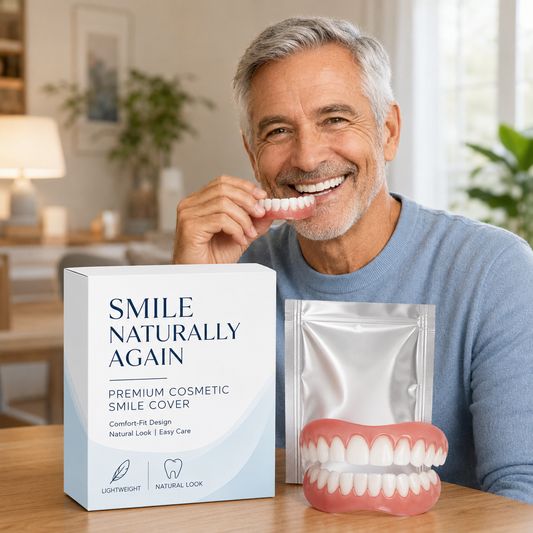 SmileAura™ cosmetic snap-on smile cover — man fitting removable cosmetic teeth at home. Natural look, comfort-fit design, easy care. Gaia Waves Confidence Collection.