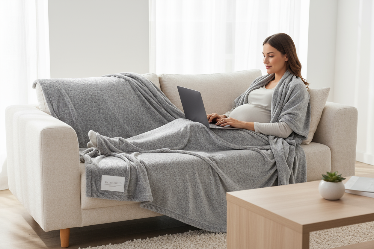 Pregnant woman relaxing with EMF protection blanket